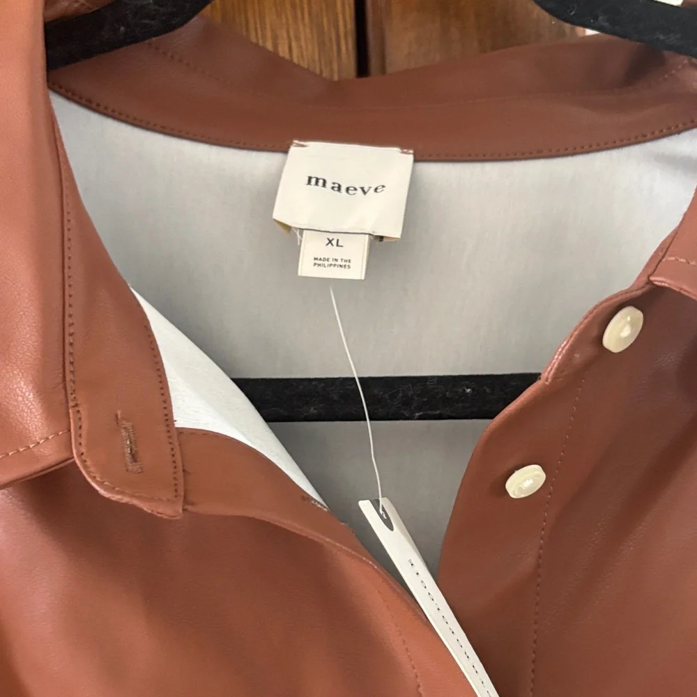 Maeve Cognac Brown Vegan Leather Button-Up Shirt - Picture 2 of 2